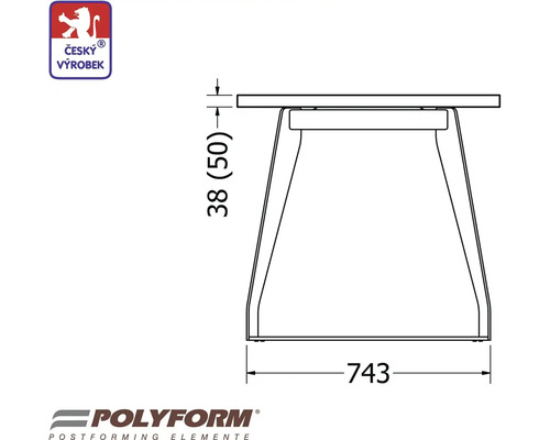 Technický výkres stolové podnože s rozměry a pečetí Český výrobek