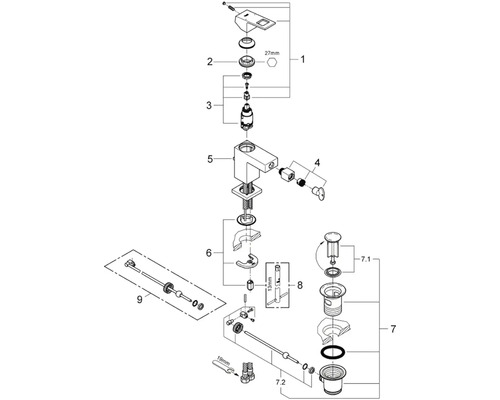 Rozkreslený nákres vodovodní baterie s jednotlivými díly