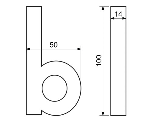 Technický výkres písmene b s rozměry.