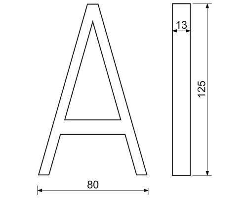 Technický nákres písmene A s rozměry