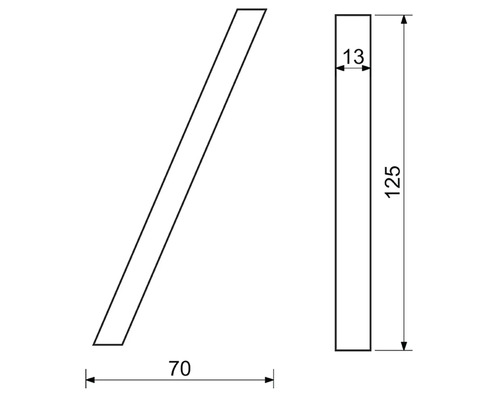Technický nákres dřeva o rozměrech 70 x 13 x 125 milimetrů