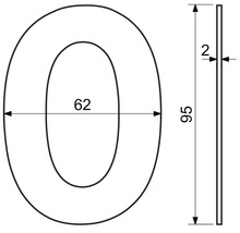 Technický nákres písmene O s rozměry: výška 95 mm, šířka 62 mm a tloušťka 2 mm.