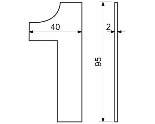Technický nákres domovního čísla jedna s rozměry 40, 95 a 2 milimetry