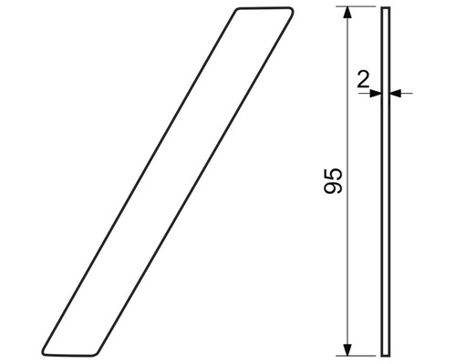 Výkres rozměrů produktu: délka 95 milimetrů, tloušťka 2 milimetry