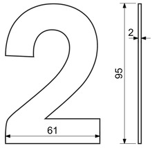 Obrázek rozměrů domovního čísla 2: výška 95 mm, šířka 61 mm, tloušťka 2 mm