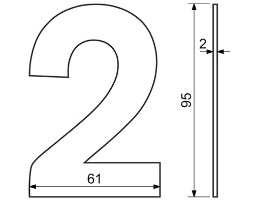 Obrázek rozměrů domovního čísla 2: výška 95 mm, šířka 61 mm, tloušťka 2 mm