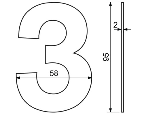 Rozměry domovního čísla Tři: výška 95 milimetrů, šířka 58 milimetrů a tloušťka 2 milimetry.