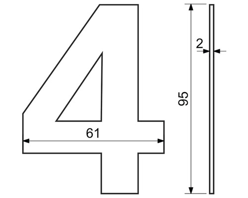 Obrázek rozměrů čísla čtyři, 95 x 61 x 2 milimetry