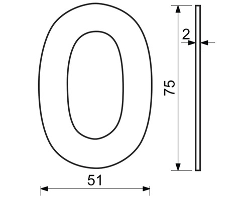 Technický nákres domovního čísla nula s rozměry.