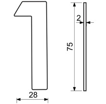 Obrázek čísla domu 1 s rozměry 75 mm na výšku, 28 mm na šířku a 2 mm na tloušťku.