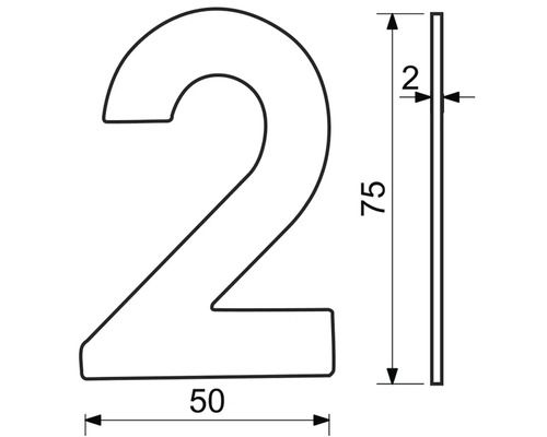 Technický výkres domovního čísla Dva s rozměry.