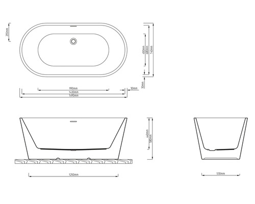 Technický výkres volně stojící vany s rozměry