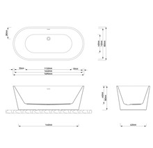 Technický nákres volně stojící vany s rozměry