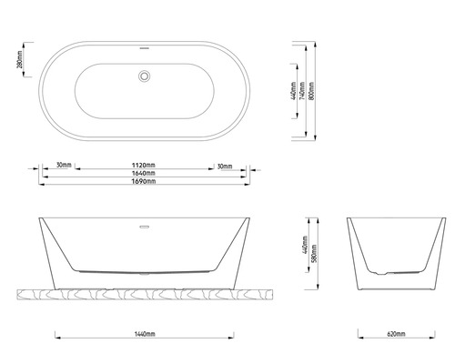 Technický nákres volně stojící vany s rozměry