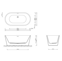 Technický nákres volně stojící vany s rozměry