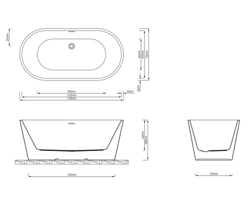 Technický nákres volně stojící vany s rozměry