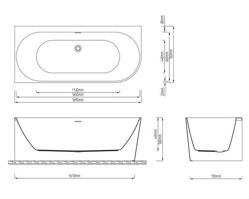 Technický nákres vany s rozměry