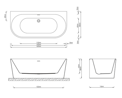 Technický výkres vany s rozměry pro instalaci.
