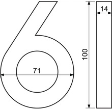 Rozměry domovního čísla šest s výškou 100 milimetrů