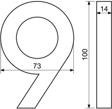 Technický nákres domovního čísla Devět s rozměry 100, 73 a 14.