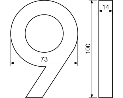 Technický nákres domovního čísla Devět s rozměry 100, 73 a 14.