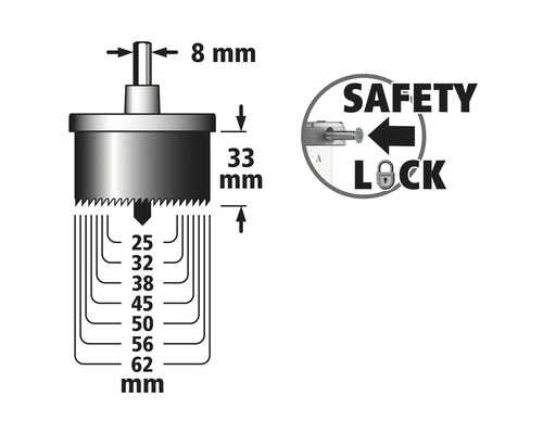 Technický nákres děrovací pily s rozměry a bezpečnostním symbolem