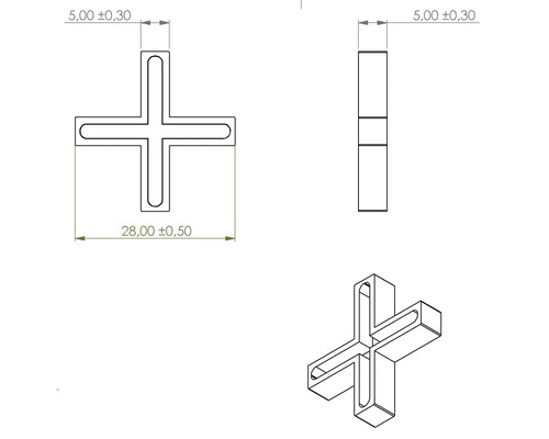 Technický nákres křížku pro dlaždice s rozměry