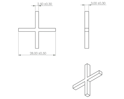 Technický nákres distančního křížku se specifikacemi rozměrů