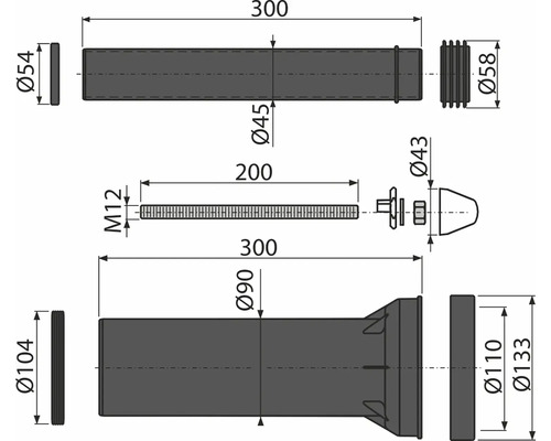 Technický výkres různých komponent s rozměry