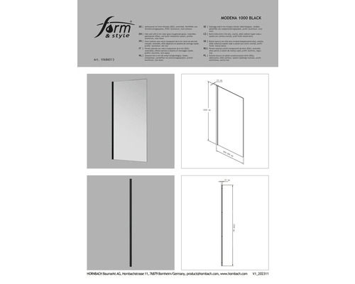 Boční stěna Modena 1000 Black s čirým sklem a hliníkovým profilem