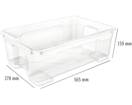 Průhledný úložný box o rozměrech 565 mm délka, 378 mm šířka a 159 mm výška.