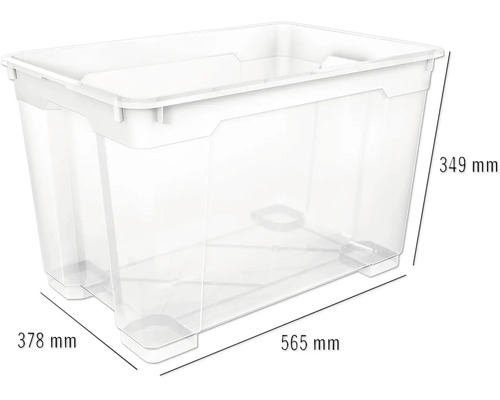 Průhledný úložný box o rozměrech 565 mm x 378 mm x 349 mm