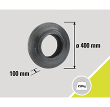 Černá pneumatika o rozměrech 400 mm v průměru a 100 mm na šířku, maximální zatížení 250 kg.