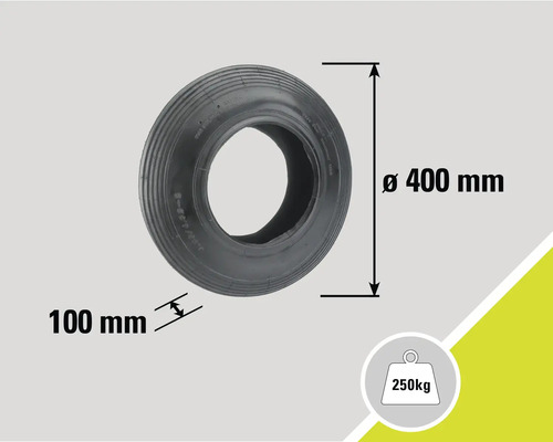 Černá pneumatika o rozměrech 400 mm v průměru a 100 mm na šířku, maximální zatížení 250 kg.