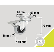 Otočné kolečko s brzdou a rozměry: 60 mm, 73 mm, 18 mm, průměr 50 mm, nosnost 45 kg