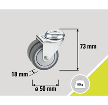 Otočné kolečko s rozměry 73 mm výška, 50 mm průměr a 18 mm šířka kola, nosnost až 80 kg