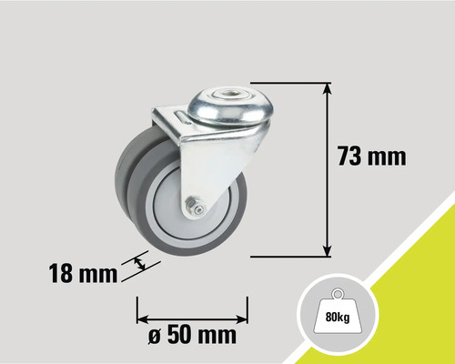 Otočné kolečko s rozměry 73 mm výška, 50 mm průměr a 18 mm šířka kola, nosnost až 80 kg
