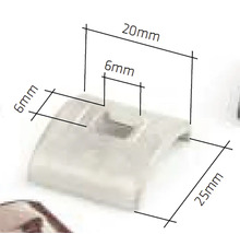 Plastový klip o rozměrech 20 mm x 25 mm x 6 mm
