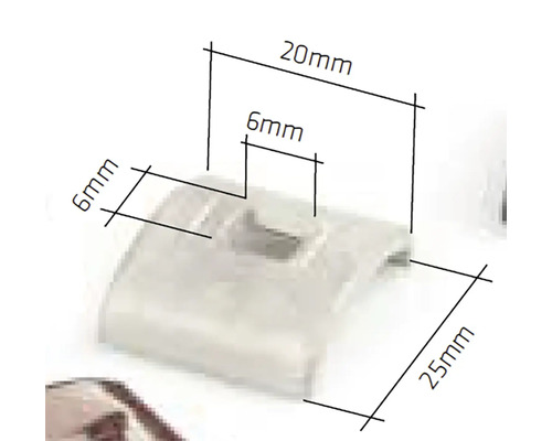 Plastový klip o rozměrech 20 mm x 25 mm x 6 mm