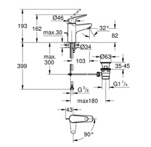 Technický výkres vodovodní baterie s rozměry