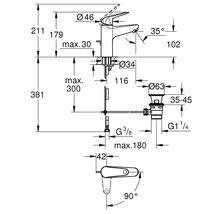 Technický výkres vodovodní baterie s rozměry