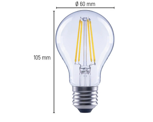 Obrázek čiré LED žárovky o rozměrech 60 mm v průměru a 105 mm na výšku.