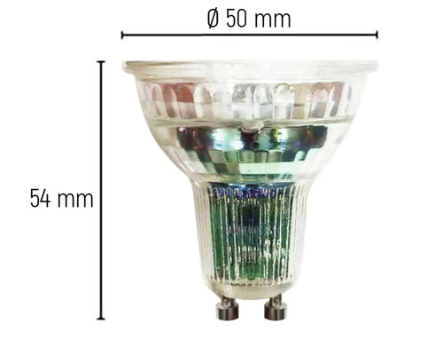 LED žárovka GU10 o rozměrech průměr 50 milimetrů a výška 54 milimetrů
