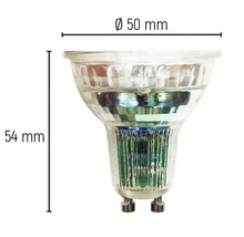 Žárovka GU10 o rozměrech 50 mm v průměru a 54 mm na délku