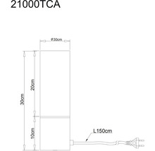 Technický nákres lampy o rozměrech 30 centimetrů na výšku, 30 centimetrů v průměru a kabel o délce 150 centimetrů