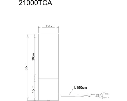 Technický nákres lampy o rozměrech 30 centimetrů na výšku, 30 centimetrů v průměru a kabel o délce 150 centimetrů