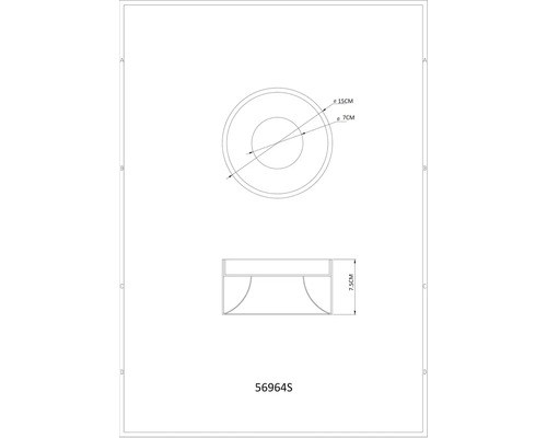 Technický nákres kulatého produktu s rozměry 15 cm v průměru a 7,5 cm na výšku