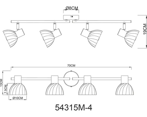 Technický nákres stropního svítidla se čtyřmi reflektory a rozměry.