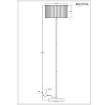 Technický nákres stojací lampy s rozměry výška 150 cm, průměr stínidla 35 cm, výška stínidla 20 cm, délka kabelu 180 cm a průměr základny 25 cm