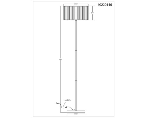 Technický nákres stojací lampy s rozměry výška 150 cm, průměr stínidla 35 cm, výška stínidla 20 cm, délka kabelu 180 cm a průměr základny 25 cm